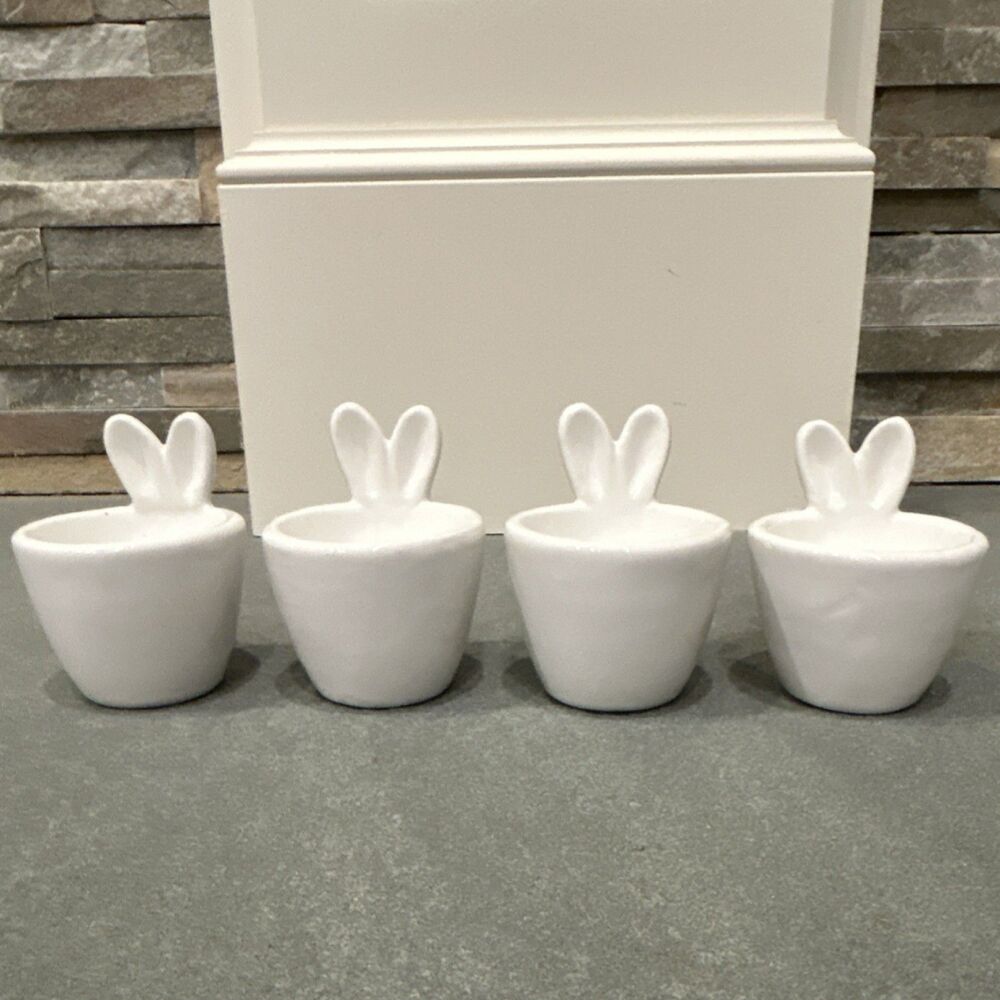 Hobby Lobby Set of 4 Bunny Ear Ceramic Egg Cups White Easter